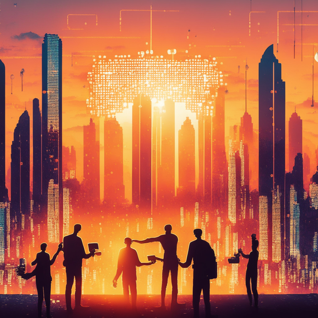 A sunset over a robust, digital city symbolizing the booming Indian economy and Chingari's user growth after Aptos blockchain integration, with soaring skyscrapers emitting streams of binary codes representing increasing user onboarding and active engagements. In the foreground, human figures exchanging glowing tokens, symbolizing the on-chain transactions, while a subtle shadow at the edges, indicating potential challenges and vulnerability.