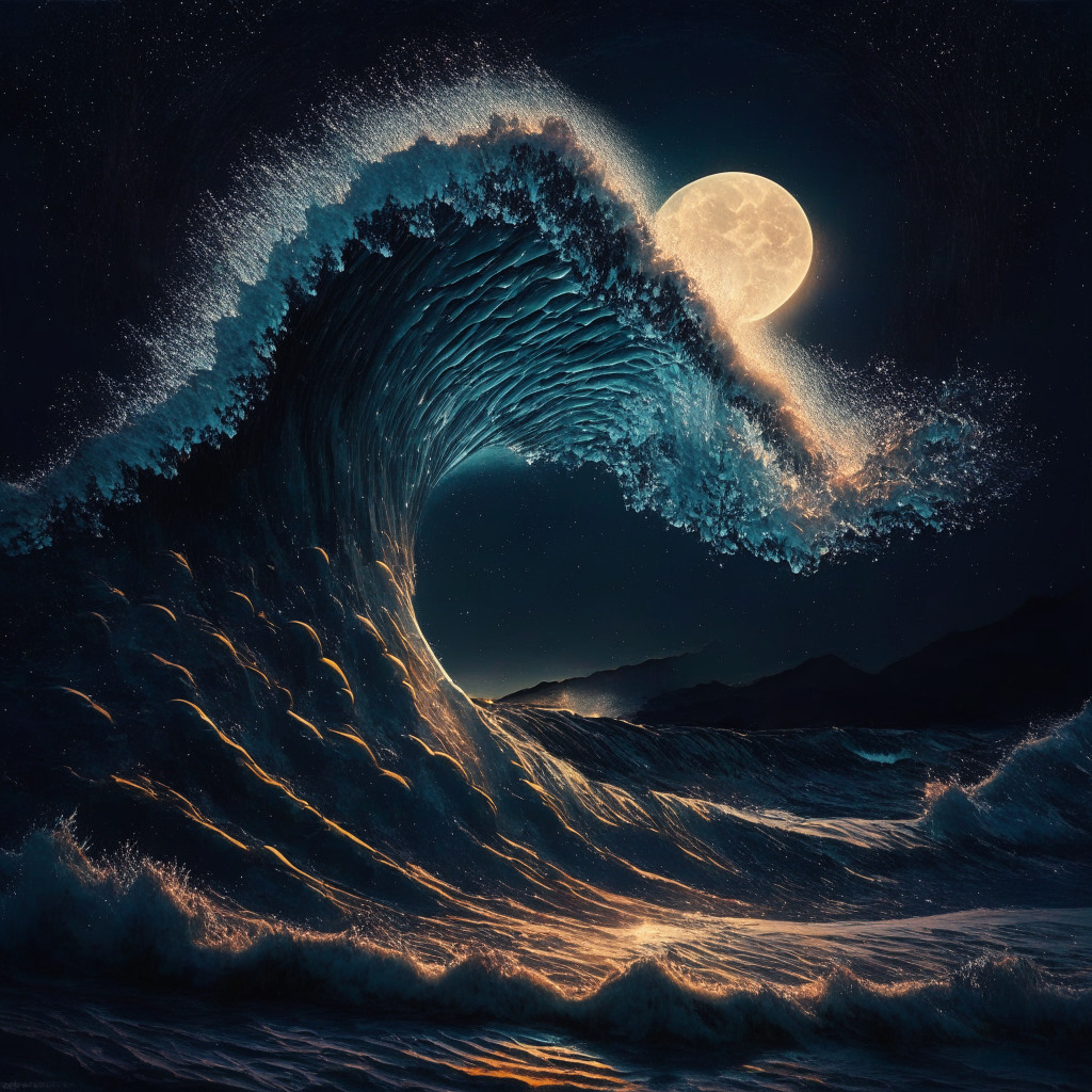 Stylized image of a strong, ascending wave, reflecting the surge in trading volumes and interest in Bitcoin & Ether futures, Clear, starry twilight setting casting glimmers of light on the wave, evoking a sense of mystery and expectations. Mood of image is intense and promising.
