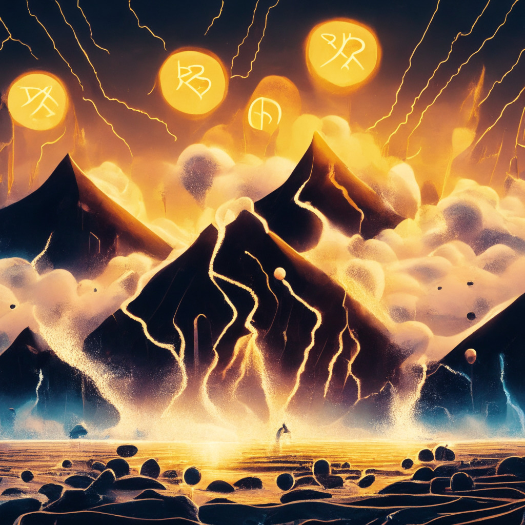 An abstract financial landscape under an electrifying sky, dawning warm hues, casting long shadows, displaying a towering mountain depicting surging XRP token values, binary codes cascading downstream denoting the huge open interest. Bubbles floating about, symbolic of potential growth or impending burst. Mood: exhilarating mystery with undertones of caution.