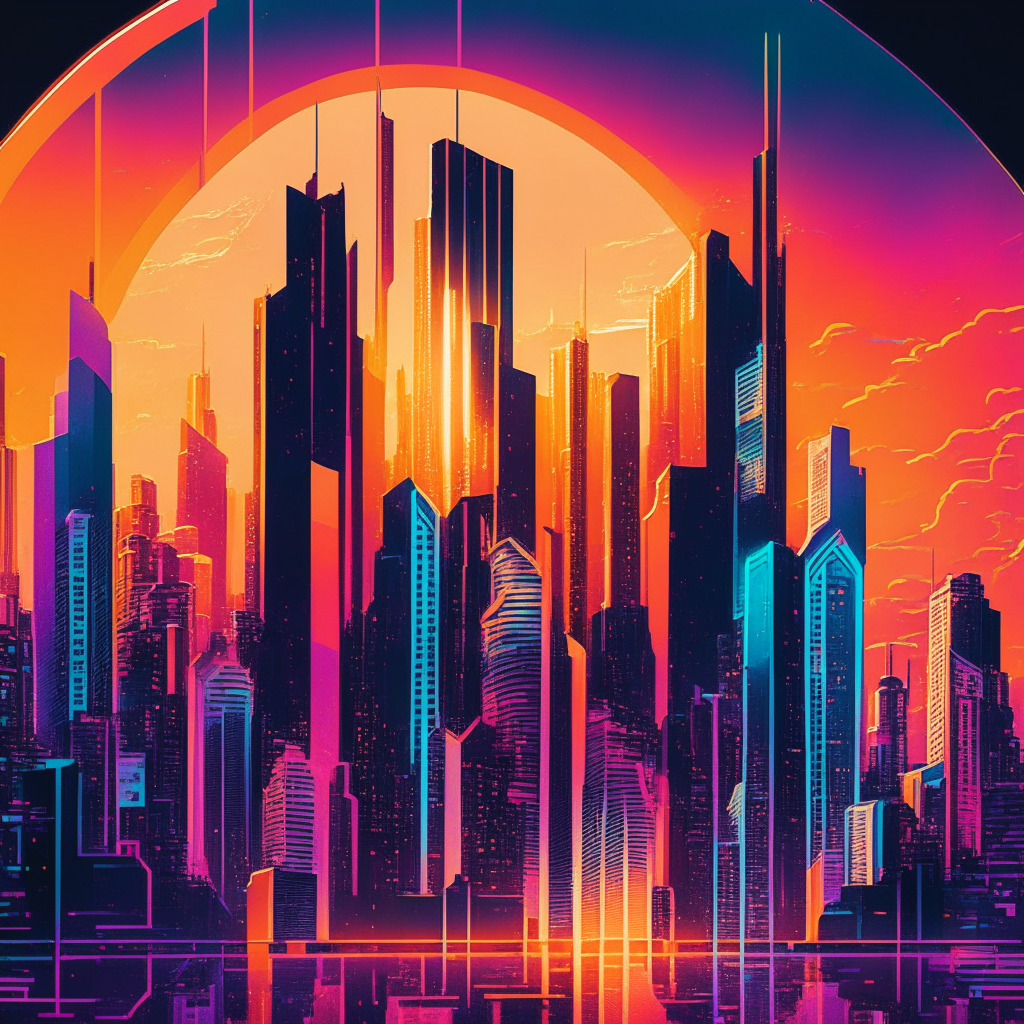 A vibrant, futuristic cityscape bathed in the neon hues of a setting sun, reflecting the ebbs and flows of the cryptocurrency market. Central to the image, a dynamic, abstract representation of a rising coin, embodying the surge of FLOW. Skyscrapers are subtly adorned with motifs hinting at AI technology, signifying the advancement and influence of AI in the crypto realm. In the distance, a rising tide symbolizes emerging platforms like yPredict. The overall mood is optimistic yet cautious, mirroring the volatility and excitement of the cryptocurrency market. The style is akin to a cyberpunk painting, encapsulating the progressive, bold nature of the crypto industry in its electrifying colors and intricate details.