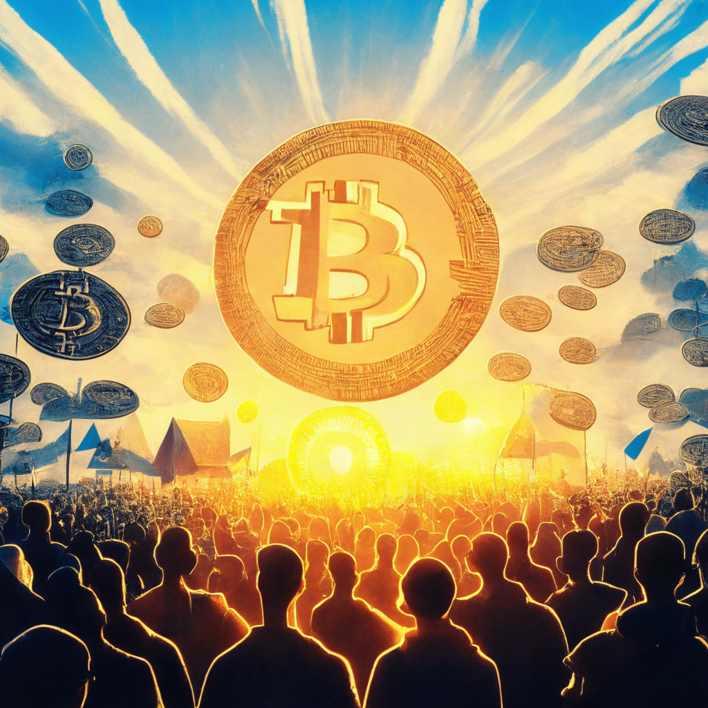Monet-style sunrise illuminating a stylized crowded crypto marketplace, a coin resembling Bitcoin soaring high above. In contrast, a symbolic image of Bitcoin Cash lags but shows a powerful momentum, influenced by grand financial institutions. The mood is hopeful yet cautiously optimistic. Some coins, like a Bitcoin Cash coin tethered to a symbol of South Korea's flag, show a slight drop, hinting at complex dynamics.