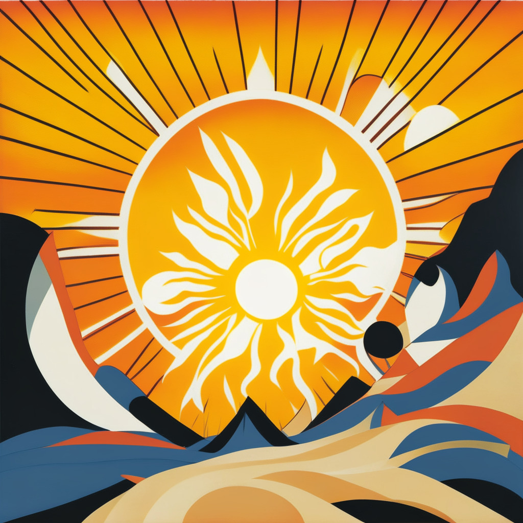 An abstract representation of a rising sun symbolizing Solana's recovery, resolute and glowing, illuminating a landscape rich with symbolic DeFi structures. A meme token, the embodiment of Wall Street Memes, soaring in the sky above. The light is warm yet intense, radiating a sense of volatility and opportunity. Artistic style is modern with a tinge of surrealism, ensuring a moody and transformative ambiance.