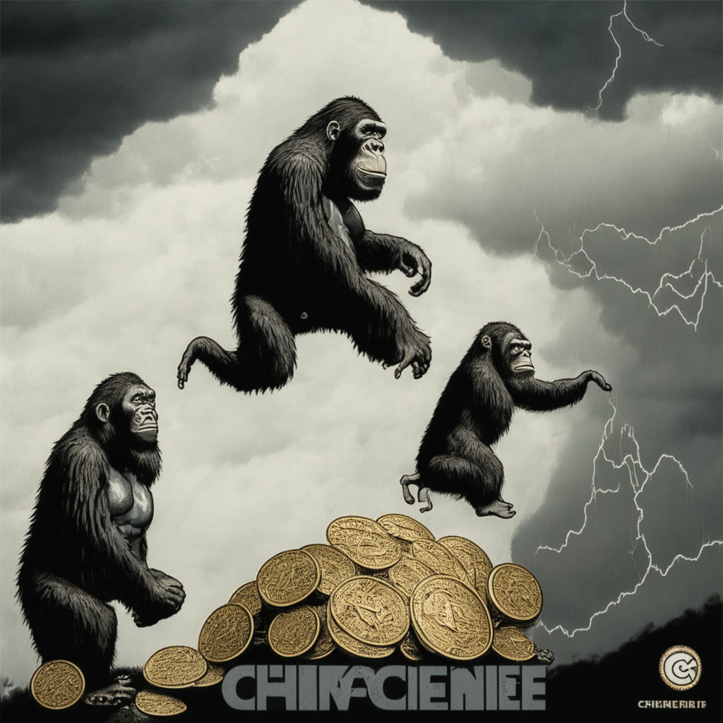 Depict an intense crypto market with two contrasting coins: ApeCoin and Chimpzee. ApeCoin, embody it as a weary gorilla, precariously balancing on a jagged, descending graph line under stormy clouds, casting a gloomy light. In contrast, Chimpzee, symbolize it as an energetic, upward-leaping chimpanzee on a healthy, ascending graph vine under the brilliant dawn sunlight; an atmosphere of hope and optimism. Incorporeal dollar bills fluttering both sides, Chimpzee subtly protected by an eco-friendly aura.