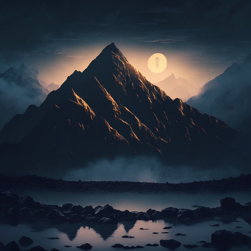 A moody, atmospheric digital landscape under a dim, twilight sky, representing the range-bound BTC market. Center the image on an imposing, stubborn mountain peak symbolizing Bitcoin's staleness, surrounded by smaller, dynamic hills showing gradual growth, representing altcoins. Shroud with a mist of uncertainty, yet beams of hope piercing through. Highlight the ripple effect of the central BTC peak on the surroundings, showing its impact on altcoins.