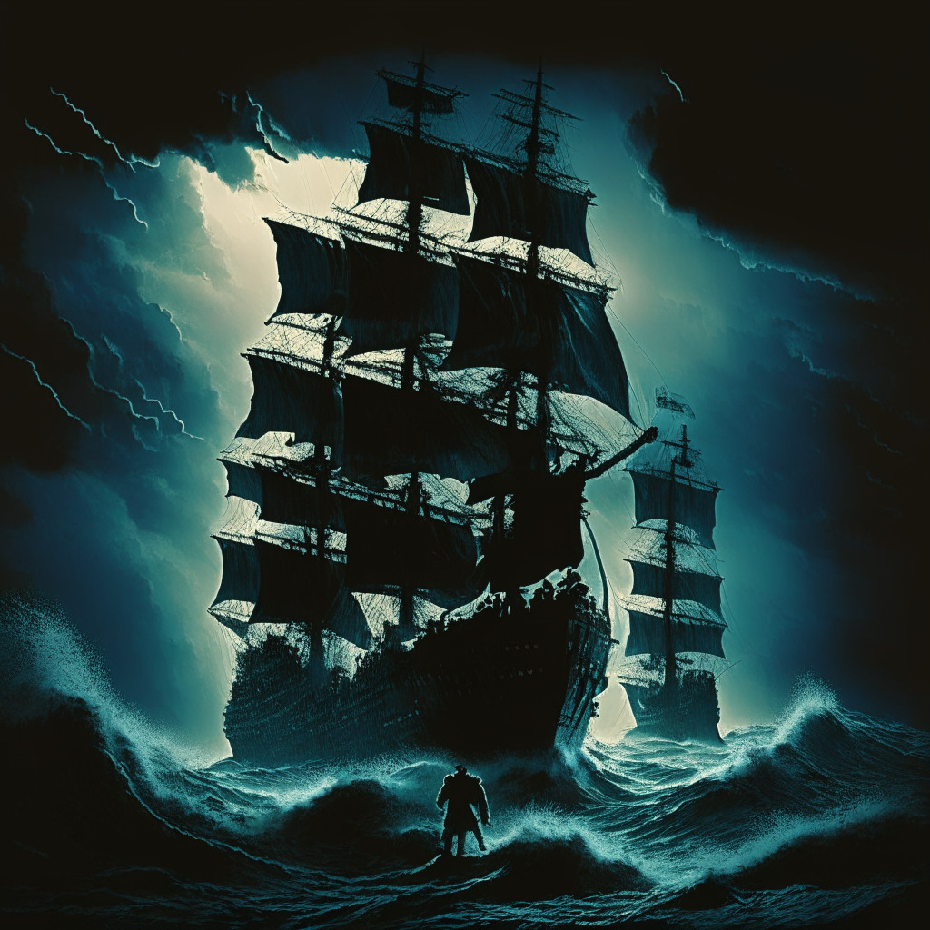 Stormy night scene, a colossal ship, CGI-style, navigating turbulent ocean waves, renaissance lighting lending a somber tone. Sharp, fierce winds bend the ship, symbolizing cost-cutting pressures. Silhouettes of crew, depicting employees, some leaving, others firm. An imposing figurehead up front, embodying the CEO's resolute and optimistic stance.