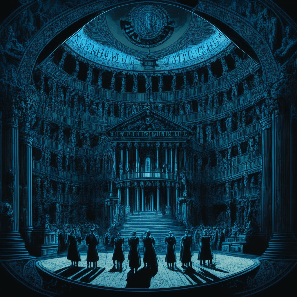 Gothic-styled representation of the U.S. House Financial Services Committee, shadowy figures grouped in a grand, ornate hall, bathed in somber, moonlit hues. In the foreground, intricate details of digital assets such as cryptocurrency, blockchain, and stablecoins shimmer in futuristic, neon blues. A weathered scale of justice in the center symbolizes the delicate balancing act between regulation and innovation while hinting at the imminent future of financial technology. Advanced AI laws juxtaposed against traditional economic elements heighten the paradoxical theme, setting a mood of uncertainty and exploration.