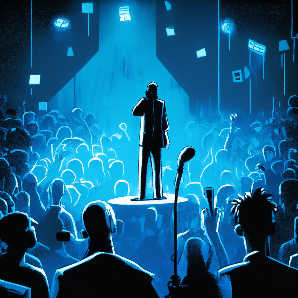 Neo-noir scene of a pop star on stage, microphones replaced with stylized cryptocurrency symbols. Dynamic interplay of cold blue-hued lights to reinforce the melancholy and cautionary tale. Artistically sketch a crowd fading into digitally pixelated chaos, symbolizing volatility and unpredictability. Set an aura of suspense, disappointment, and wisdom.