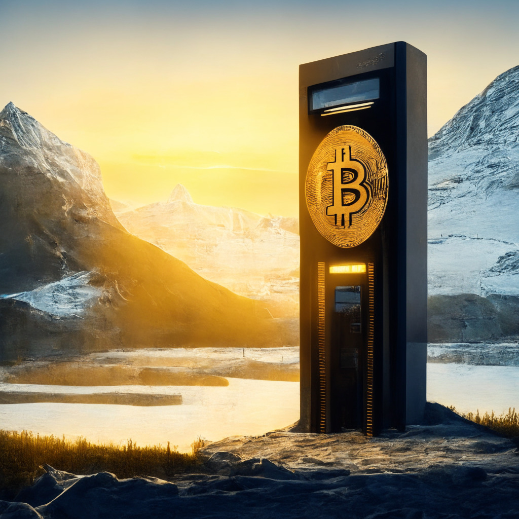 Conceptual image of a Bitcoin ATM in an abstract Swiss landscape, bathed in dawn light. Render the mood rebellious and defiant. ATM machine is central, adorned with cipher codes. Towering financial regulatory buildings loom in the background. The atmosphere suggests confrontation, regulatory scrutiny, and idealism. Classical painting style, with relevant symbolism, dynamic lighting.