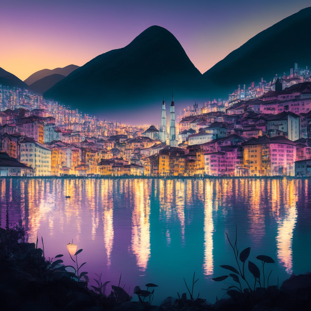 A picturesque cityscape of Lugano, Switzerland at dusk, illuminated under pastel hues. Viewers, feel the pulse of vibrant digital life as tiny glowing bitcoins represent businesses. The mixed emotions of hope and caution infuse the scene, hinting at both the promising potential and potential risks of a city embracing cryptocurrency.