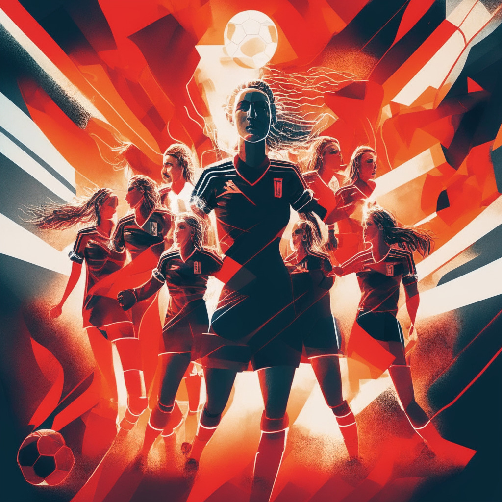 Neo-futuristic style artwork of Swiss Women’s National Football Team, digital portraits rendered as NFTs, dance on an Ethereum blockchain backdrop. Incorporate the vibrant energy of a football match, the spotlight glowing under twilight, creating a dramatic mood. Illustrate a crowd cheering, symbolising support for women's football, the excitement palpable. Emit an aura of innovation and the dawn of a new era in sports promotion.