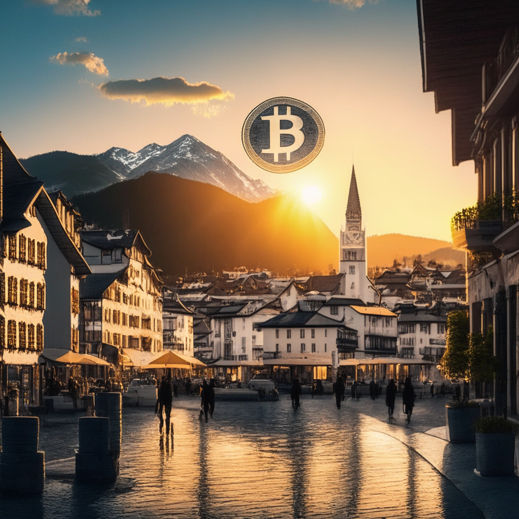 A picturesque Swiss town reflecting its transformation, sun setting over grandiose banks, transitioning into sleek digital hubs, glowing with Bitcoin symbols. On the streets, citizens make digital transactions, a proud display of their financial sovereignty. The atmosphere: electric, yet serene, bathed in warm evening hues, a convergence of old-world charm and progressive fintech innovation.