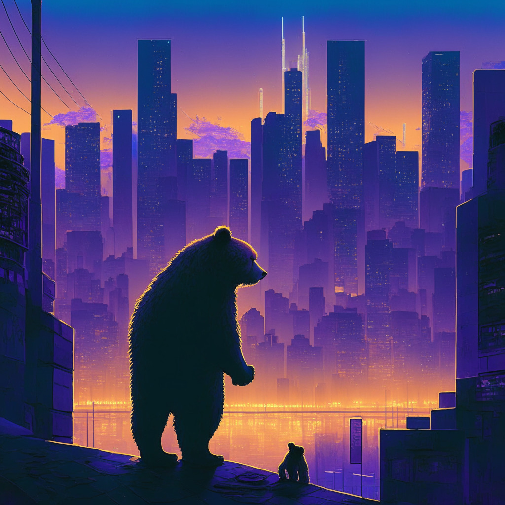 A tranquil evening in a futuristic cityscape, golden sun setting over a metropolis resembling a circuit board. A figurative representation of a calm browsing bear, a symbol of Bitcoin, peacefully walks the streets, the scene accentuated by muted blues and purples. Dim lights in the buildings suggest low activity, hinting at constricted volatility. A scale teetering on equilibrium, juxtaposed by a large, dimly lit, digital bull and bear in the background. A haloed, ethereal clock overlooking the scene,signifying the waiting period for the market to make its move, renders an air of anticipation.