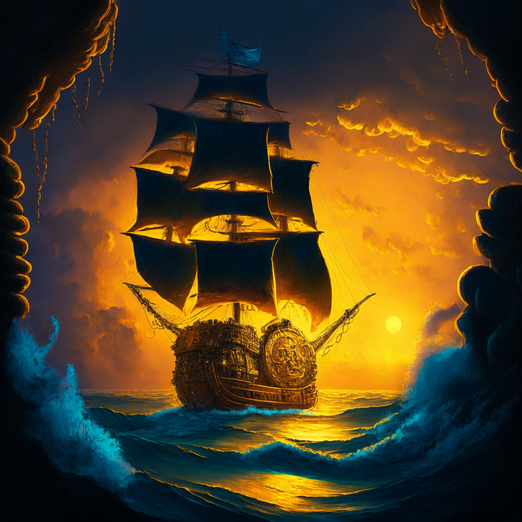 A vivid, chiaroscuro digital painting of a maritime ship harboring a large golden coin representing TrueUSD, anchored on a dramatic ocean during a vibrant twilight, with an unidentified entity symbolizing Techteryx seizing the ship's wheel. A blend of optimism mixed with skepticism fills the air as shadows loom, hinting at risks.