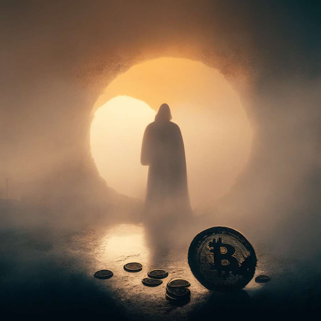 A vintage-styled shot of a coin getting split in two, shrouded in fog to signify regulatory uncertainties surrounding cryptocurrency investment. The scene is bathed in melancholic sunrise hues, hinting at the painful learning experience and losses. A shadowy figure in the background represents looming skepticism, but an open door scene shows a glimmer of future opportunities.
