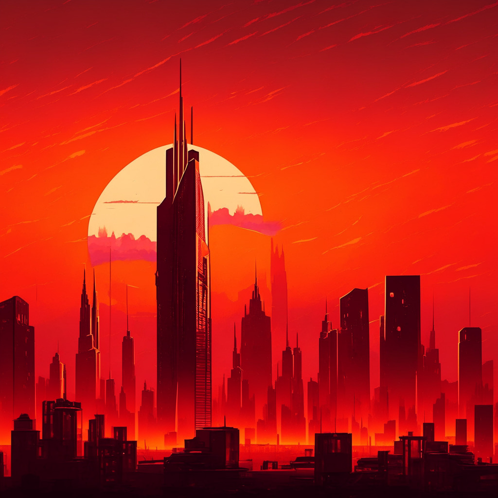 Dramatic western-style sunset over a futuristic cityscape, intense reds and oranges reflect off the skyscrapers, symbolizing tension and change. Bitcoin symbol, subtly incorporated into the architecture, dominates the scene. Mood is somber and thoughtful, entities milling in uncertainty, representing the volatile crypto market, hinting at 'Wild West' concept.