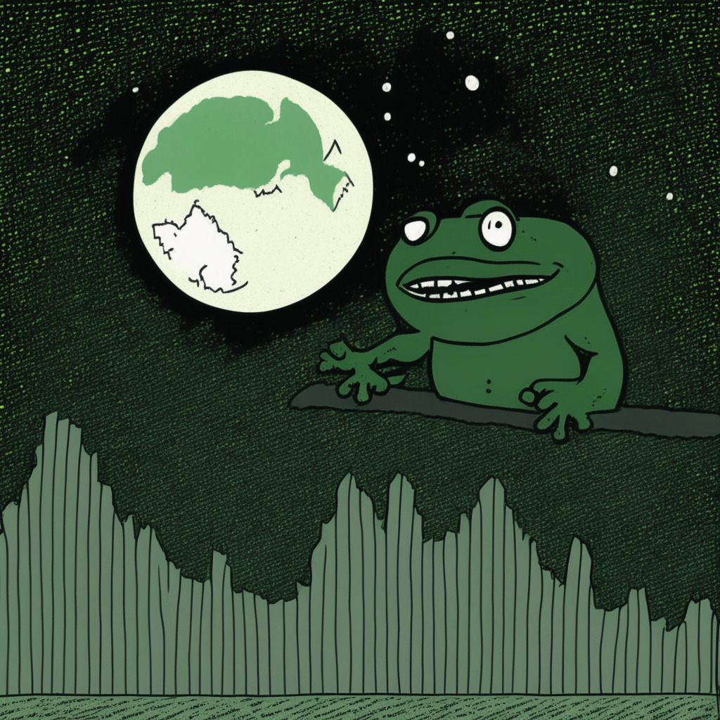 A gloomy stock exchange with falling graphs symbolizing Terra Luna's steep declining value, a moon shaded dark to indicate the downturn, a forlorn looking bull on the sidelines hoping for a bullish scenario. In contrast, an amusingly grinning cartoon frog, full of energy to represent Evil Pepe's rise, surrounded by sparkling coins as it gained traction. Artistic style: Surrealism, Light setting: Soft yet dramatic, Mood: Stochastic tension with a sprinkle of playful anticipation.