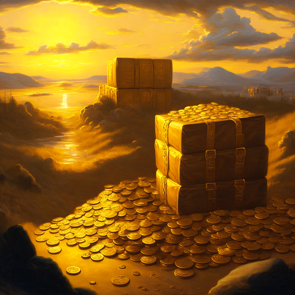 A Victorian-style oil painting of a gigantic gold-hued treasury, brimming with bulging bags of coins symbolizing Tether's rising reserves, looming over a landscape depicting the fluctuating cryptocurrency market. The scale of the treasury versus the landscape signifies its dominance. Light from a setting sun casts long shadows, illustrating potential risks ahead, adding moodiness and tension. Unseen figures within the treasury hint at active business undertakings, while the open vault doors reflect transparency efforts. The overall palette, a mix of rich golds and dusky hues, showcases both the prosperity and the uncertainty of the scenario.