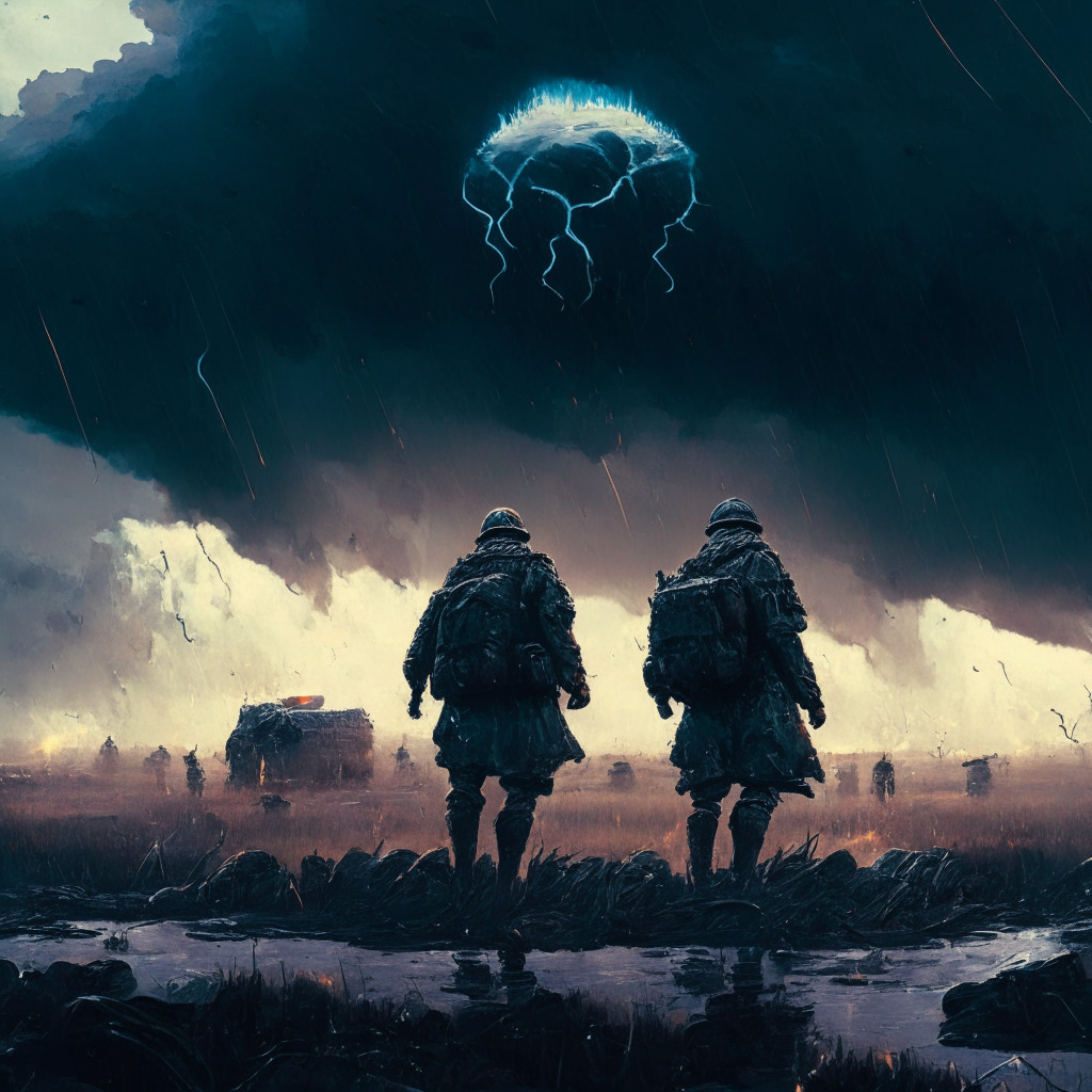 A dystopian digital battlefield, soldiers symbolizing upheaval fading into shadow, a volatile storm looming over a Russian landscape, the sky radiating uncertainty. Plump, glowing Tether coins rain down, representing a surge amidst chaos. The mood is tense, gloomy, capturing the risk and safety dichotomy of cryptocurrency during political unrest.