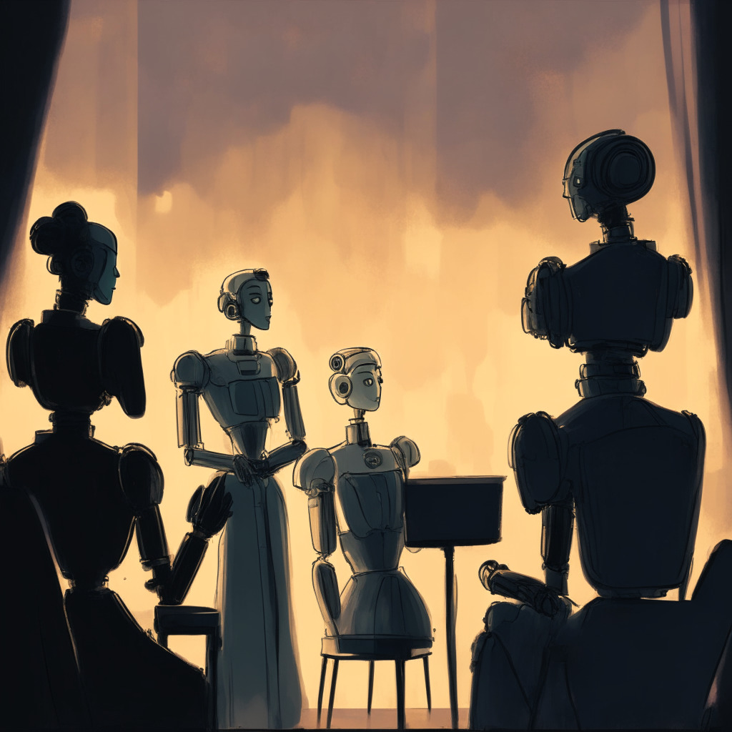 An illustrative image of an AI robot press conference, soft twilight hues backdrop, evoking a sense of progressive era. Robots, symbolizing Sophia, Amica, and Grace, engaged in a compelling discussion with humans, styled in the manner of an impressionist painting, reflecting collaboration. A delicate tension palpable in the air as the image subtly showcases concerns of job preservation, ethics, and transparency.