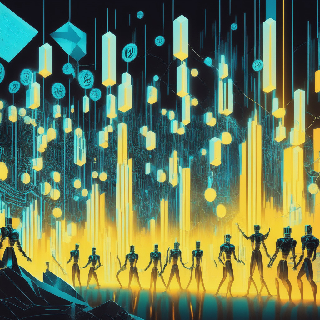 A futuristic landscape illuminated by a semi-abstract glowing graph, depicting fluctuating Bitcoin values. Near the graph, stylized figures, some resembling AI robots with a toolkit at work, others as traditional traders confused. The robots, tinged in victorious golds, dominate the scene, while their human counterparts are cast in skeptical silvers and blues, embodying the debate over AI involvement in trading. The mood is intense, with a subtle air of uncertainty.