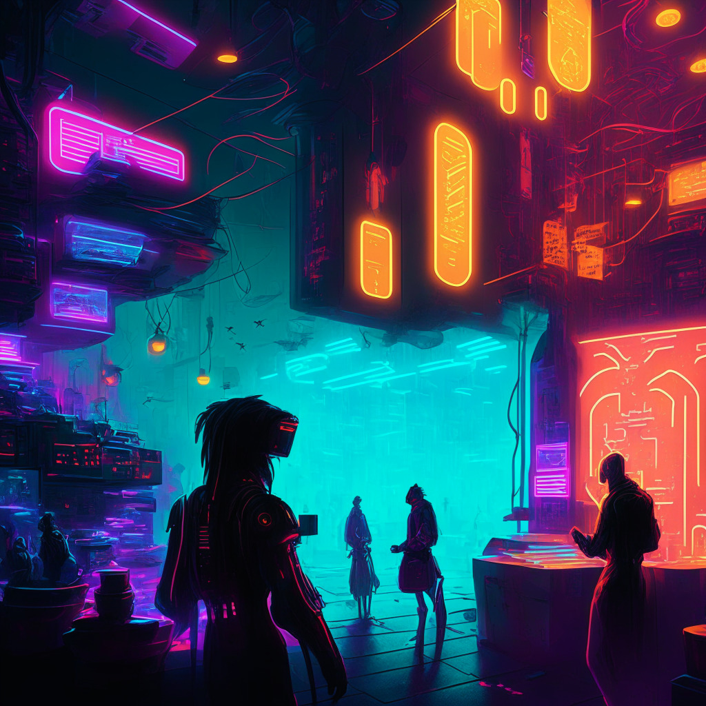 A futuristic cyber-world bathed in neon lights, featuring a symbolic marketplace bustling with entities exchanging cryptographed data as glowing symbols and various tokens. Shadows subtly depict mysterious characters posting bounties, and alluding to the tension between privacy and security. The mellow glow of the scene radiates the uncertainties, suspicion and high-stakes game of the evolving blockchain landscape. The image is in a surrealistic style, blending the abstract reality of cryptography with palpable emotion.