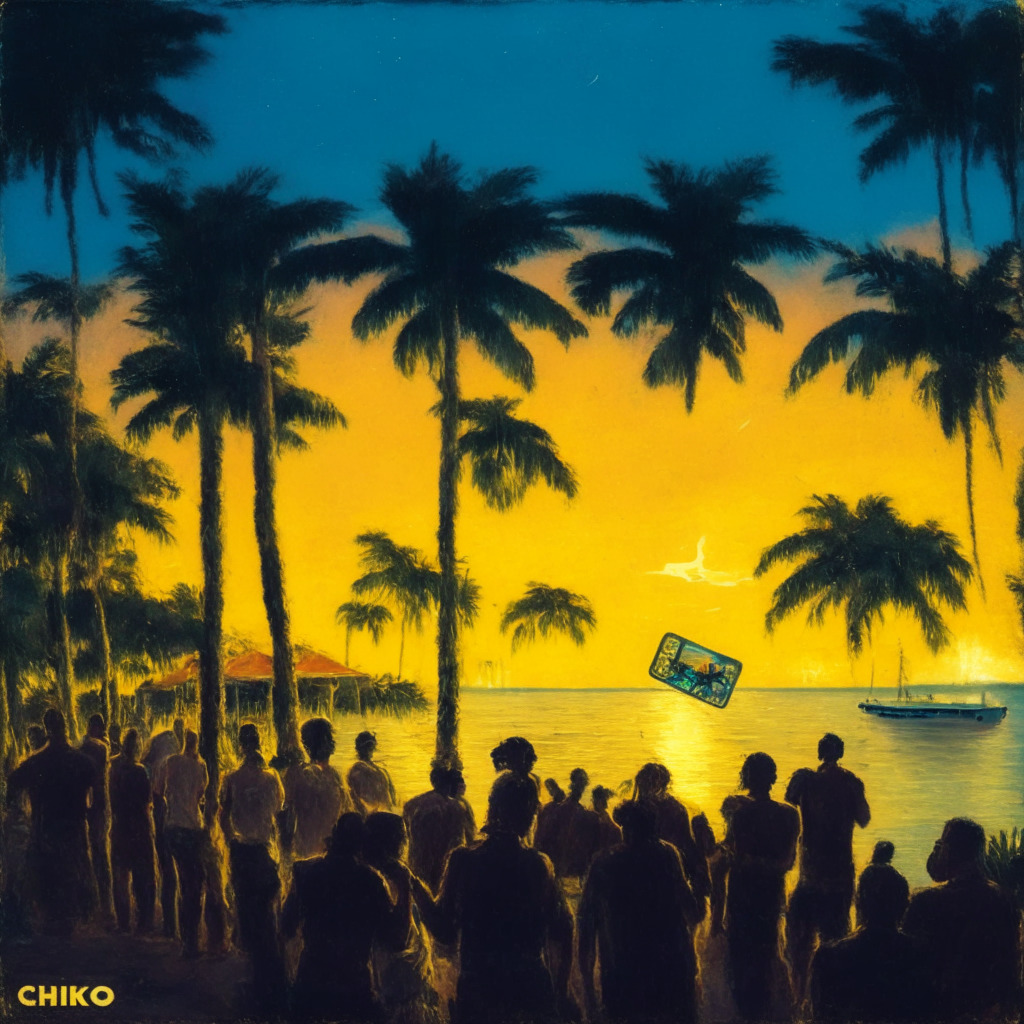 Twilight scene in the Bahamas, a diverse group of people gather around a glowing digital wallet named 'CiNKO'. The wallet emanates a soft, gold light, representing the USDC stablecoin fueling it. The background is painted in an impressionistic style with palm trees swaying gently. The mood is hopeful, representing the promising disruption in traditional cross-border payments.
