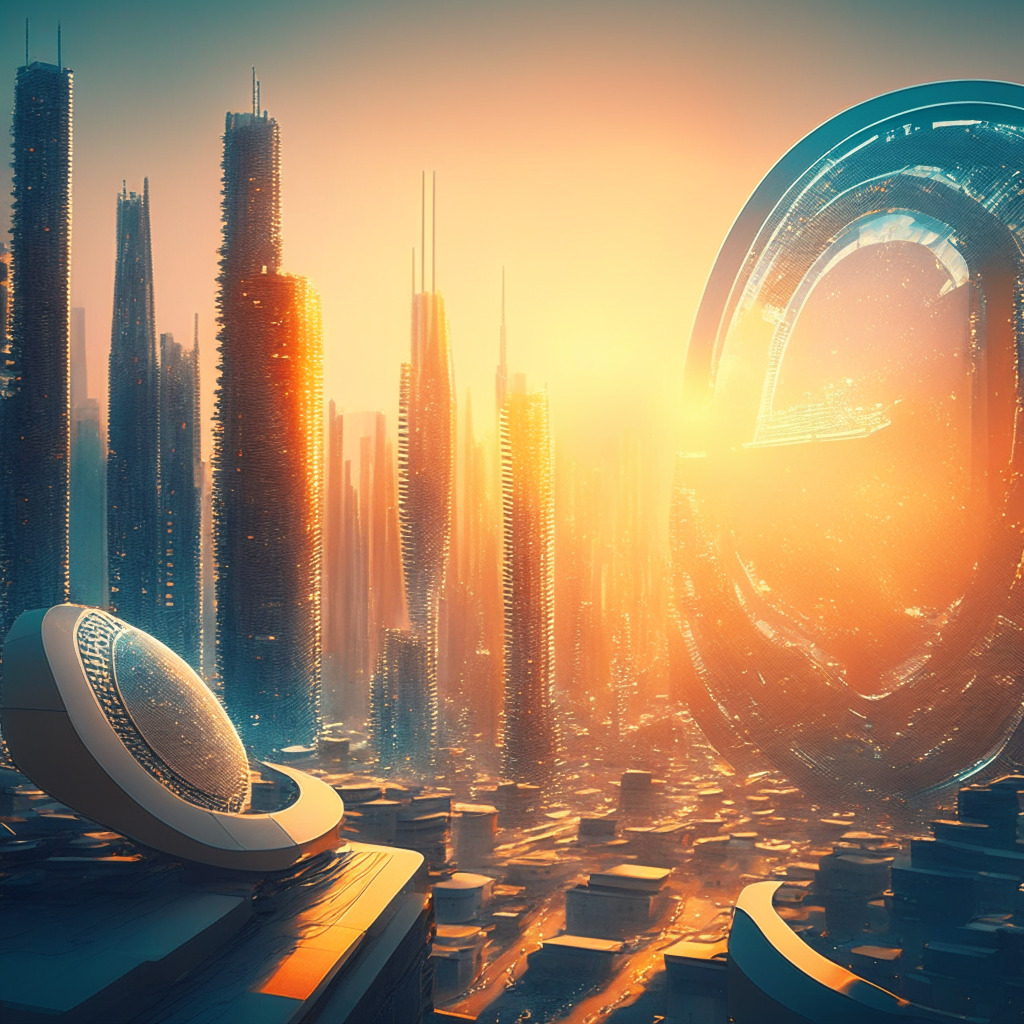 An Asian-inspired futuristic cityscape at sunrise, bathed in soft, warm light. The architecture seamless merge styles of Busan, Incheon, and Jeju. Central focus is on a digital holographic coin representing CBDC, floating over an NFC-enabled device. The mood: anticipation, excitement, subtly hued with caution. Style: Futuristic realism, streets filled with citizens exchanging digital currency, with murmuring undercurrents of bustling activity.