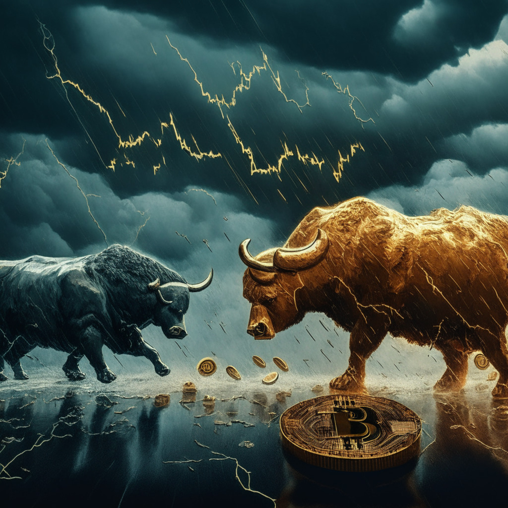 A digital visualization of a turbulent financial scene under stormy skies, symbolizing the Battle of the Bulls and Bears over Bitcoin. Detailed figures of bulls and bears in a tug of war over a golden Bitcoin, with the anxious, intense mood representing market uncertainty. The scales sway towards the bears, hinting at Bitcoin's potential $30k support level crumbling. In the background, a large clock close to midnight, highlighting the upcoming July 14 options expiry.