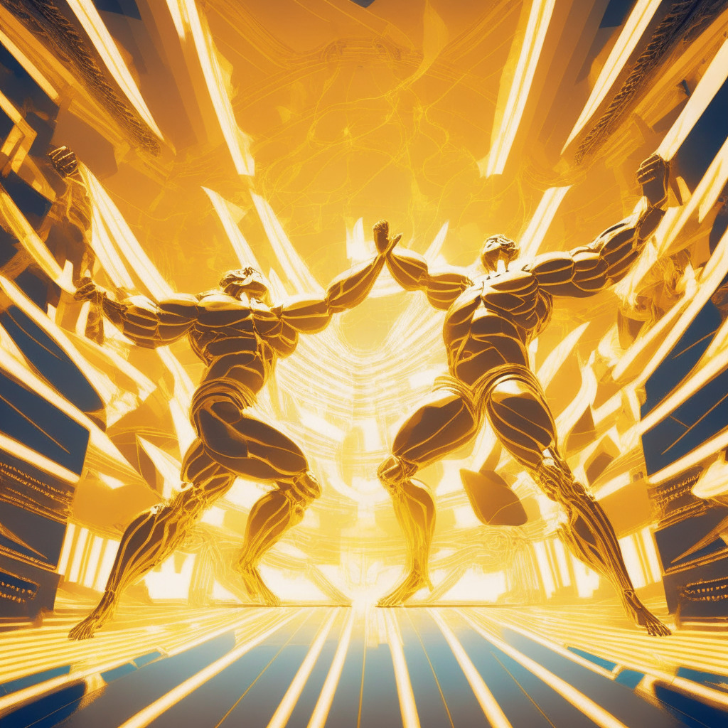 Two majestic Titans, personifying Optimism and Arbitrum, engaged in a dynamic dance-off on a colossal blockchain-themed floor. The scene bathed in a radiant, golden hue representing the technological breakthrough. Optimism, having an aura of a rising star, rhythmically edges ahead of Arbitrum. The backdrop flaunts a roller-coaster symbolizing their fluctuating journey. The entire image exudes a suspenseful mood.