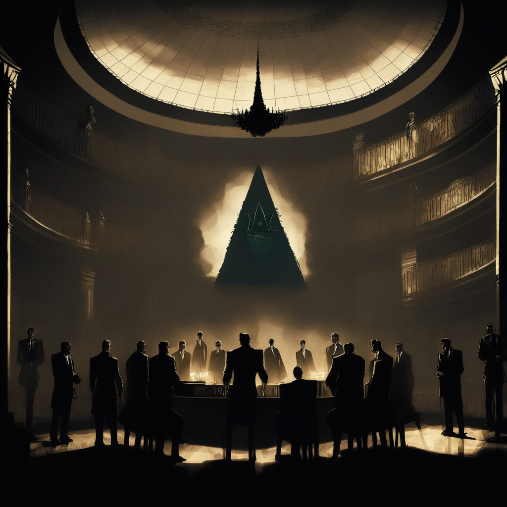 Twilight setting inside Brazilian Parliament, filled with tension. Figures in the guise of crypto executives stand before a Gothic-style commission table. To one side, shadowed figures symbolizing alleged crypto pyramid operators. The mood is intense, a chiaroscuro effect emphasizes contrasts, raising questions on the nature of cryptocurrencies.