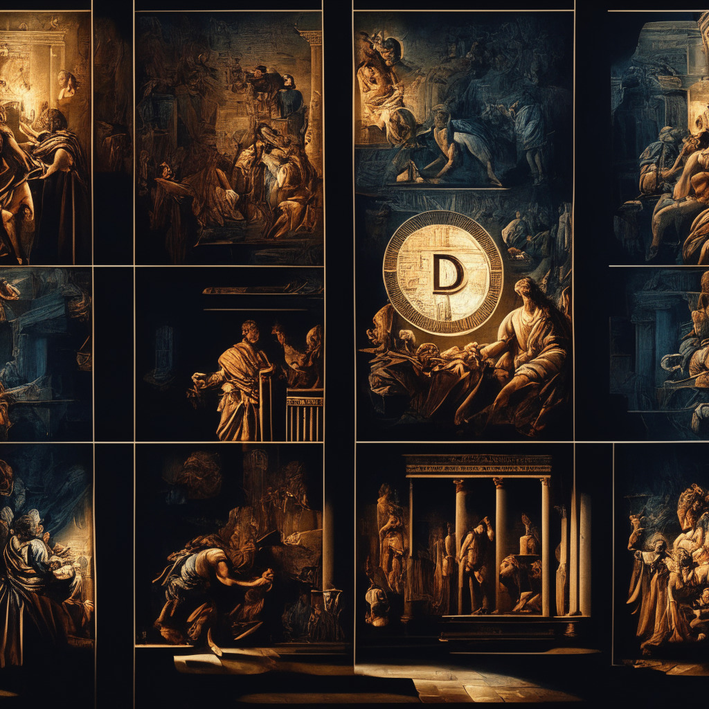 A historic timeline mural painted in classical Renaissance style, featuring distinct scenes from bitcoin ETF's eventful journey, bathed in dramatic chiaroscuro lighting to signify the struggle. From anticipation in 2013 to the hopeful present, each panel exudes a mix of patience, determination, and exhilarating tension.