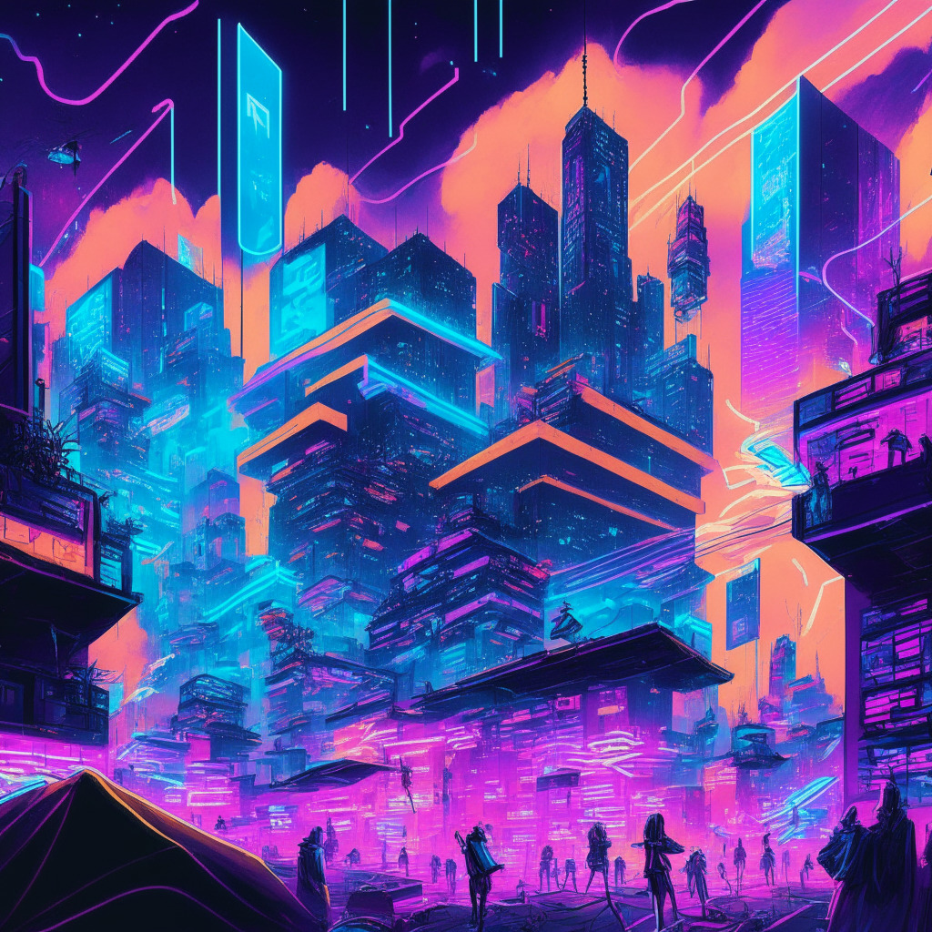 A frenzied digital marketplace under a vibrant neon sky, thrumming with the energy of buying and selling. Elongated skyscrapers as majestic whales guide the transaction flow. A network of beams, signifying Cross-Chain Interoperability Protocol, connects various mountains, symbolizing Ethereum, Avalanche, Optimism, and Polygon blockchains. Each skyscraper projected with a cryptic mathematical puzzle, symbolizing oracles bridging gaps. The overall mood is dynamic, futuristic, and exciting with a hint of underlying challenge and uncertainty.