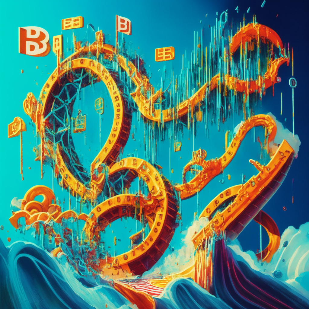 A vibrant, high-key digital painting, showing a rollercoaster track representing the tumultuous world of cryptocurrency. Magnets representing institutional attraction to Bitcoin, papers bearing 'ERC 7265', 'BRC-69' indicating innovative protocols, Solana’s liquid staking as a tall surge, and an ETF listing as an upward track. Depict the setbacks with broken tracks for SOL, ADA, MATIC, and an NFT plummeting off the track. Portray a tense regulatory probe as a lurking shadow figure, and hint at CBDC developments as emerging pathways. Illustrate crypto controversies with a dark storm cloud overhead.