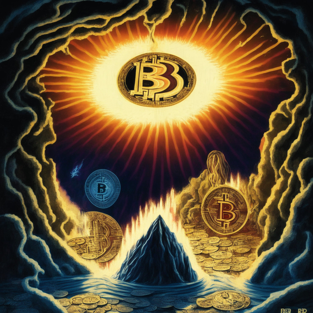 A surreal prospect of cryptocurrency rollercoaster descending, Bitcoin, Ether, and Ripple coins amidst the plunge, a picture of a looming Federal Reserve, painted in a chilling evening light. A scanning, all-seeing digital eye symbolizing Worldcoin's retina scan innovation, and various emerging cryptos (Flex Coin, ApeCoin, Evil Pepe Coin, Burn Kenny, The Graph) with signals of either green for rise or red for descent. The mood should capture an anticipatory, slightly tense ambiance.