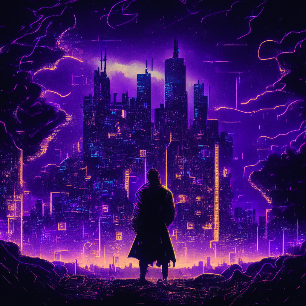 An intricate cyber cityscape under foreboding thunderclouds, glowing with midnight blues and electric purples. Frantically flashing neon screens, depicting upturned market graphs and falling digital coins. In the foreground, a silhouette of an ethical hacker, heroically shrouded in soft golden light. A puzzling maze of coded blockchain winds throughout the lower half, casting long, cormorant-colored shadows. Atmosphere signals an exciting blend of turmoil, mystery, victory, and underlying threats.