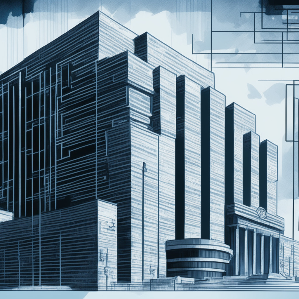 Monochrome sketch of a sleek, modern governmental building symbolizing the DOJ, and a digital padlock hovering above it. Colormap of blue and grey setting the mood of vigilance, seriousness. In the background, subtle imagery of circuit boards and coins, representing the crypto world. Overall a blend of minimalism and realism, with deep contrast correlating with the intricacy and intensity of the crypto enforcement scenario.