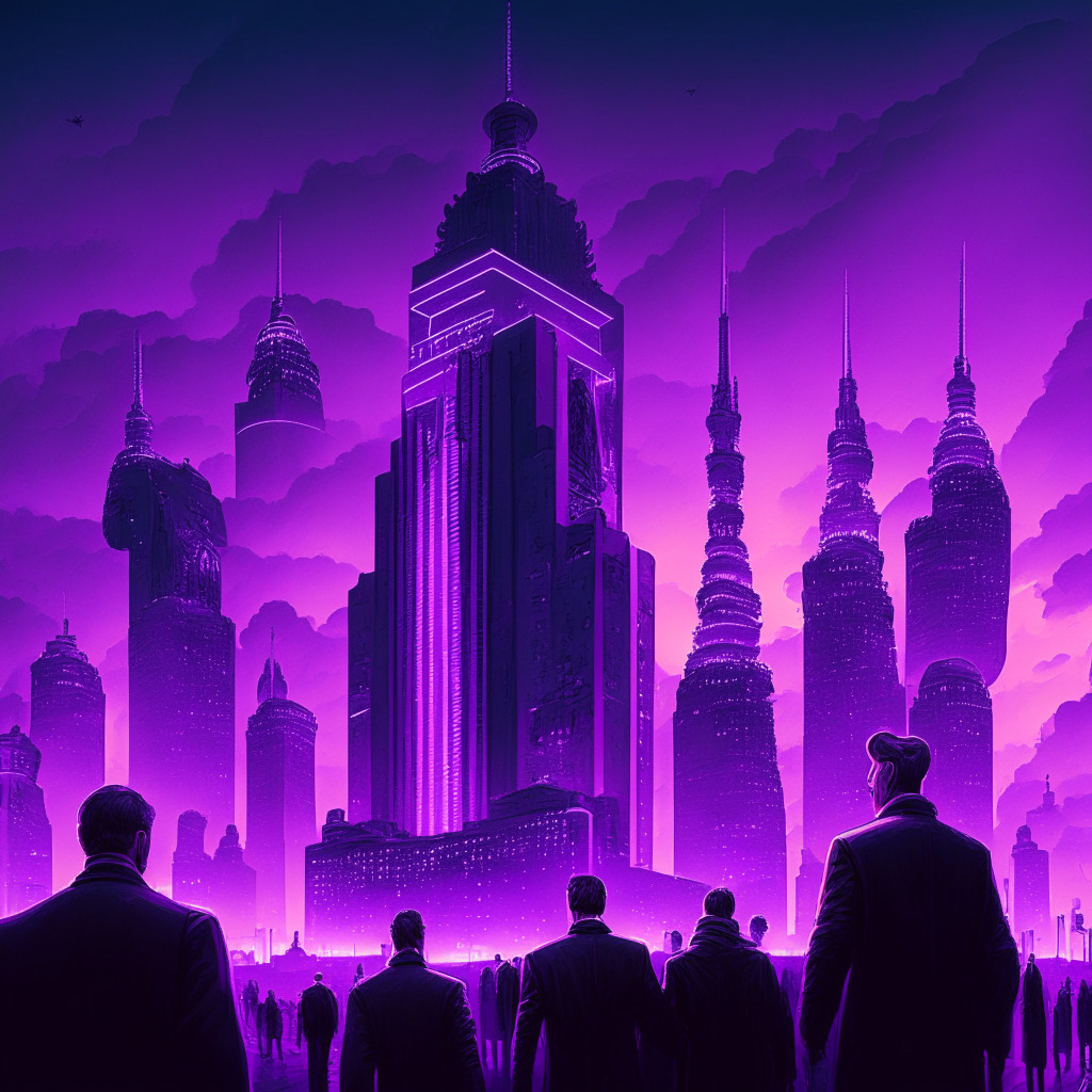A futuristic Moscow skyline at dusk, central bank building illuminated against the purple sky, swirling with anticipation and uncertainty. Digital rubles float in the air, emanating soft neon lights, casting a magical realism ambiance. A mix of ordinary citizens and officials, clad in regular and formal attire respectively, mingle below, some engaging with floating digital rubles. In the distance, the silhouette of various retail outlets and gas stations, and the subtle appearance of QR codes. An inspiring mix of traditional Russian art style and a touch of cyberpunk aesthetics.