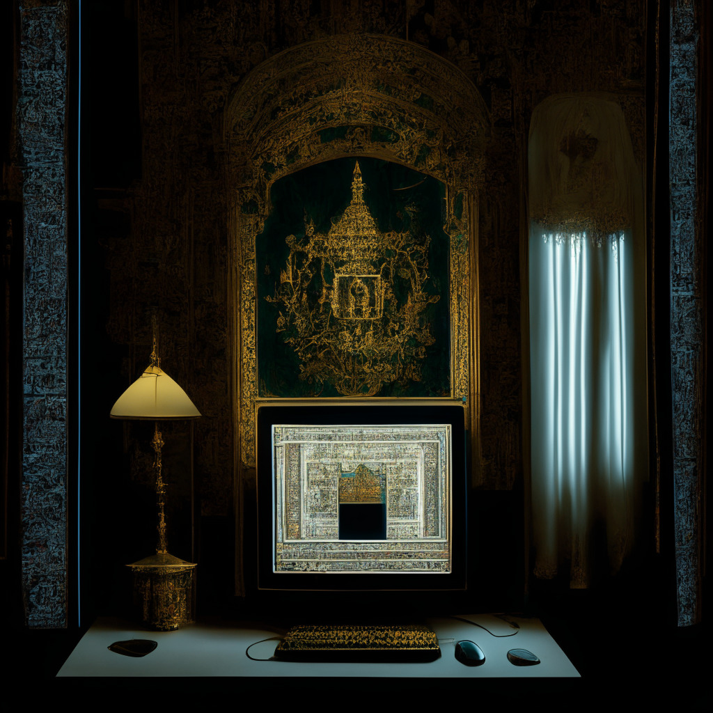Mood of impending change, the design of a digital ruble under the subdued light of a computer screen in an ornate Russian room, a subtle shadow representing the idea of state surveillance, influence of traditional Russian artistic style (Palekh), contrast of modern and historic elements to show the fusion of digital age and traditional financing, air of uncertain novelty.