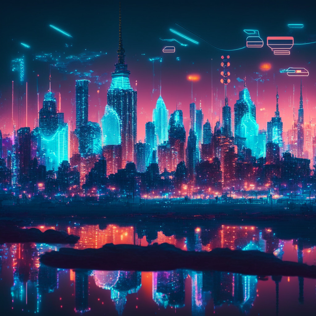 A futuristic cityscape during twilight, glittering with neon-lit buildings depict the Russian urban landscape. Flashes of digital currency icons float above the skyline, central is the image of a glimmering, ethereal ruble. Ascending from a traditional Russian bank, a transitioning stream of tangible rubles morphs into these digital counterparts, signifying the coexistence of tradition and innovation. The scene is rendered in a surrealistic style, reflecting the uncertainty, intrigue and potentiality of this progressive financial venture. The predominant light is cold and metallic, symbolising a technologically advanced future. A sense of rushed, anticipatory energy pervades, balanced by the meticulous precision of strategy within the details.