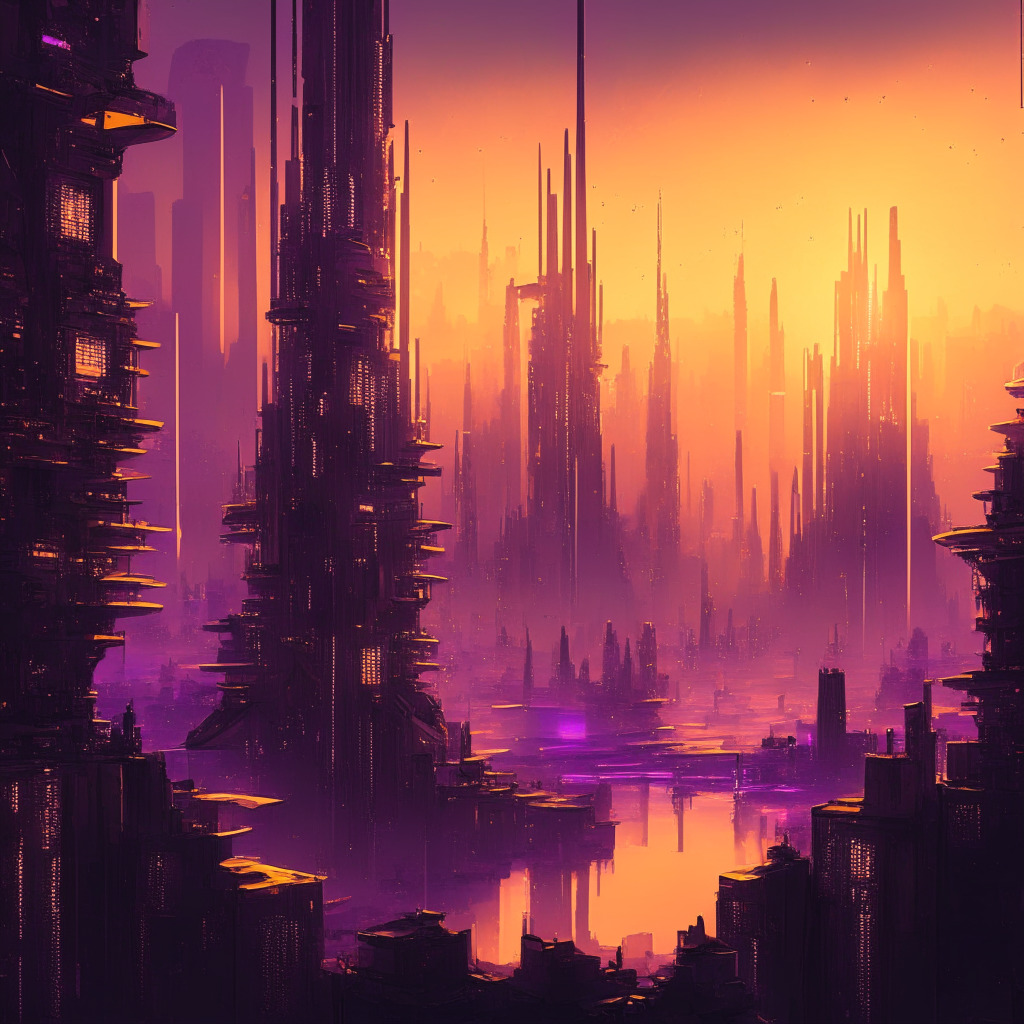 An intricately detailed futuristic cityscape at dawn, imbued with shades of gold and violet. The city is in turmoil, exhibited by structures symbolizing a cryptocurrency platform collapsing. Floodlights illuminate the scene, evoking rigorous regulation. In the distant, a sunrise subtly suggests the mixed blessings of innovation, showing hope and uncertainty. An undercurrent of tension permeates, reflecting the paradox in the financial world of crypto.