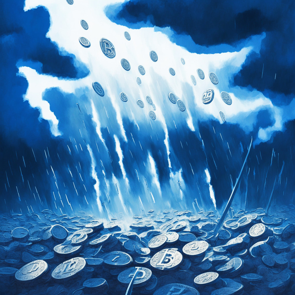 An abstract digital painting depicting the Bitcoin halving event, Bright daylight illuminates a double-edged sword, symbolizing the dual impact on market dynamics, Half promising yet risky sky displays hopeful blues merging into ominous greys, emphasizing the uncertainty. A field of halved coins indicates lowered supply, while ghostly miners evoke the challenge to profitability.