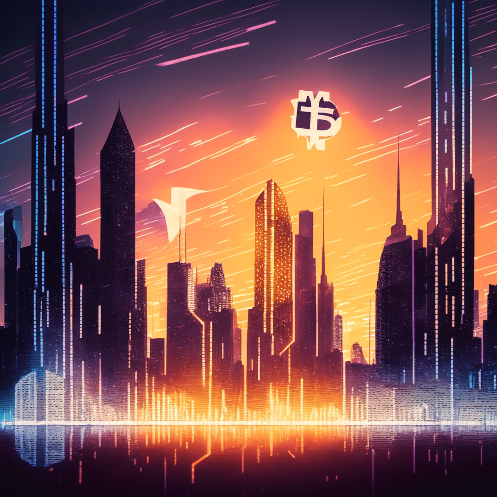 A twilight scene within a futuristic financial metropolis, skylines imprinted with symbolic motifs of Bitcoin and Ethereum. In one hand the city holds a geometric representation of an ETF, in contrast, the other flaunting a decentralized symbol, expressing a visual tension. Sky awash with hues signaling bullish optimism, intersected by streaks of uncertainty. Off to the side, a path clearing for evolution, symbolized by a young tree inscribed with the vague form of dYdX Foundation's logo.