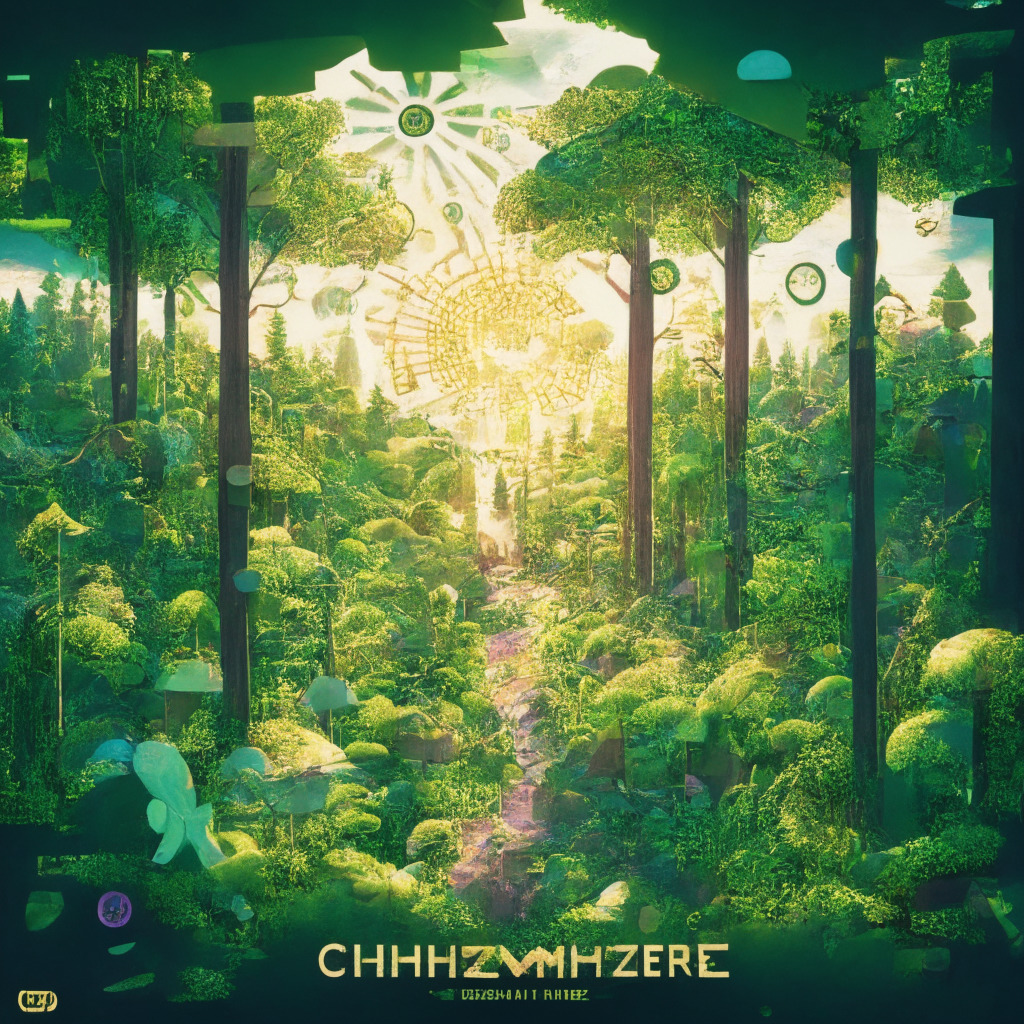 An intricately detailed, eco-inspired digital world showcasing elements of the decentralized blockchain project, Chimpzee, under a radiant sunbeam to symbolize hope and innovation. Blockchain nodes entwined with lush greenery, wildlife, and elements of conservation efforts. A forest in the background, where each tree is a small pixelated token representing the $CHMPZ, A looming black jaguar subtly shadowed in the frame to symbolize the 'Save Black Jaguar' initiative. Overhead, an abstract, binary sun casting a warm, yellow-green glow, signifying the project's eco-conscious objective. A hovering, glowing NFT passport and an AI-powered avatar manifesting the unique features of the Chimpzee project. The ambiance shall carry an optimistic, vibrant mood reflecting the project's potential and promise.