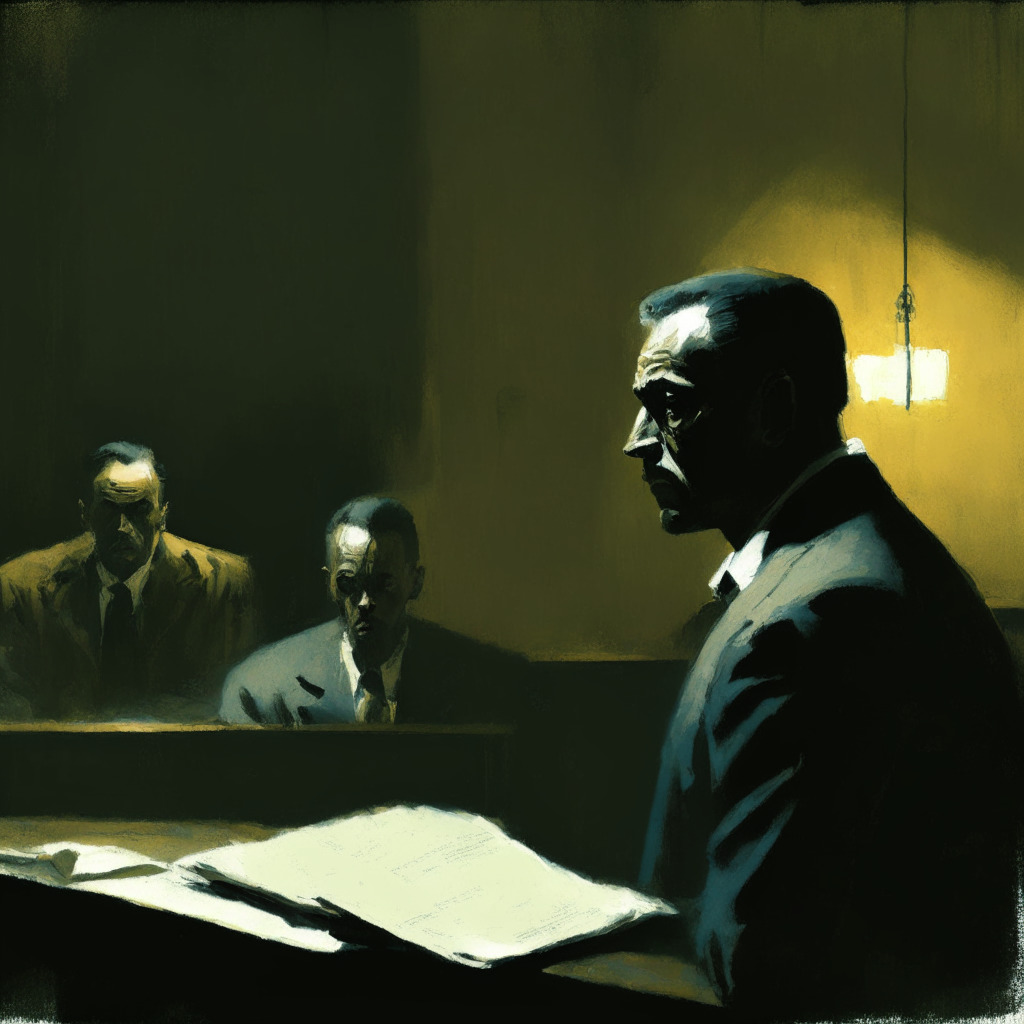 Dramatic courtroom scene illuminated by somber, low-light setting. Focus on a tense, potentially incarcerated man holding a confidential document, his face a mixture of defiance and apprehension. Artistically rendered in an impressionistic style, the mood echoing uncertainty and urgency. The backdrop, a symbolically divided courtroom, representing differing viewpoints on privacy. Complete with whispers of a high-stake trial in the air.
