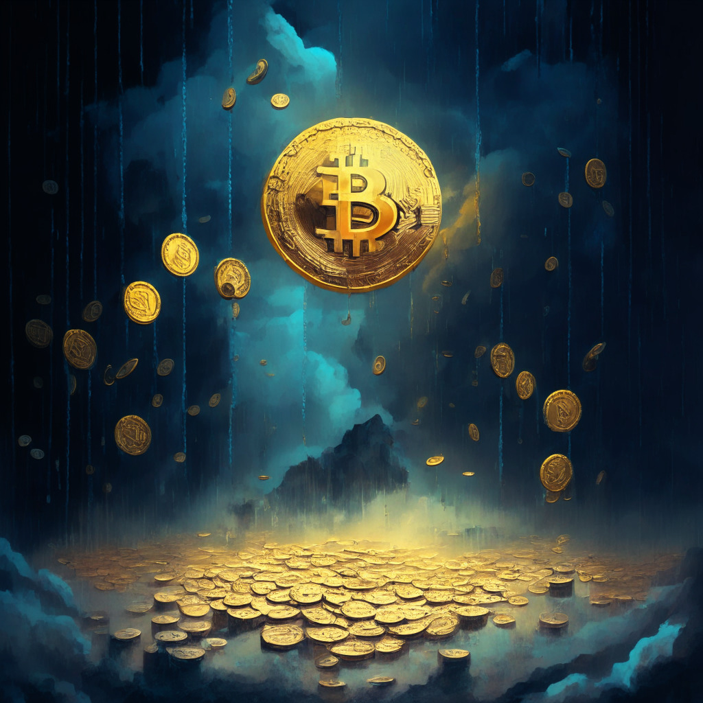 A speculative scene featuring a grand balance scale in the center, the right pan loaded with golden coins symbolizing 1.5 billion dollars, the left pan holding digital chains representing blockchain and Genesis. Atmosphere is filled with tension, depicted under a dim, ominous light. Impressionistic style with cool colour palette, reflecting a precarious situation, impending uncertainty looming.