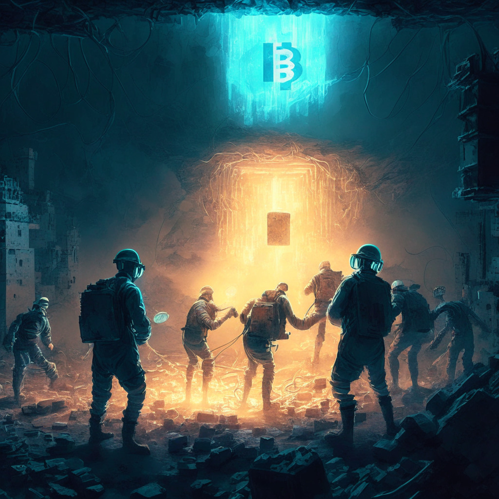 Post-apocalyptic scene of the last Bitcoin being mined in 2140. Show miners, represented as high-tech workers, hitting an ethereal, holographic block that signifies the final BTC. The light setting should be dusky with a hint of the futuristic illuminations. The atmosphere is tense and suspenseful, yet filled with a veneer of hope. Impose an artistic style reminiscent of gritty cyberpunk aesthetics. The overall mood of the image is a blend of uncertainty and anticipation about the unknown future of crypto mining.