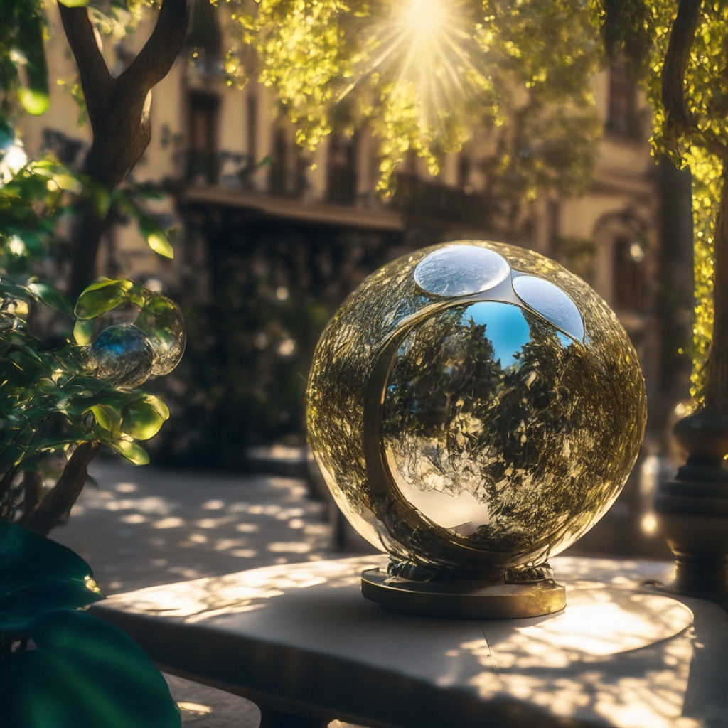 A futuristic Parisian scene depicting a metallic biometric scanning orb from Worldcoin, glowing under dappled sunlight at a casual brunch. The orb gently scans an iris with a cool, calming light, symbolizing the secure verification of identity in the emerging digital economy. The mood is avant-garde with tentative assurance, poised on the edge of technology.