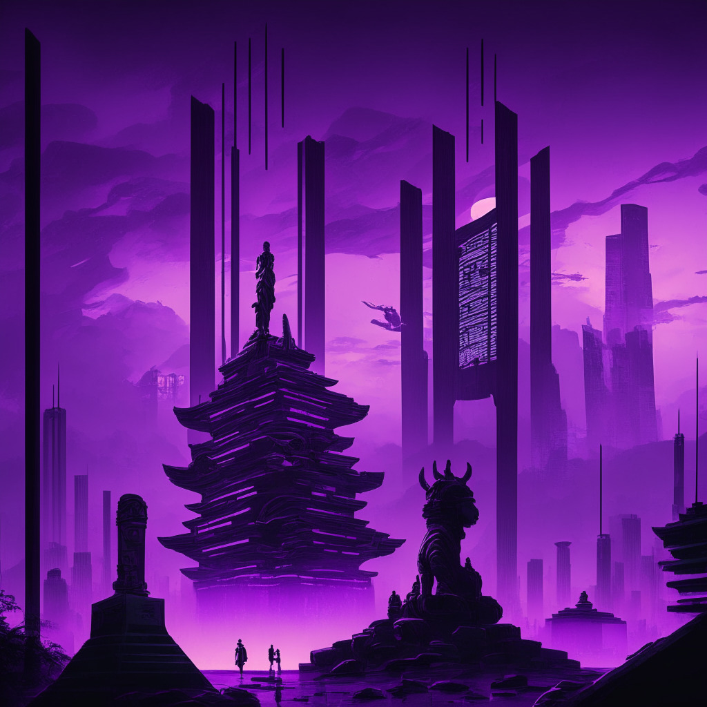 Moody, futuristic cityscape under a purple sky, symbolic representation of fast-paced, dynamic blockchain technology and its influence on financial systems. Cryptocurrency tokens, digital wallets, and complex computer codes represent innovation. Contrast this with looming shadowy figures in the background indicating potential security issues and the need for balance, stability. Include a Chinese monument symbolizing the Hangzhou Asian Games, intertwined with global credit cards signifying the barrier-free payment system. Maintain a semi-abstract, cyberpunk style.