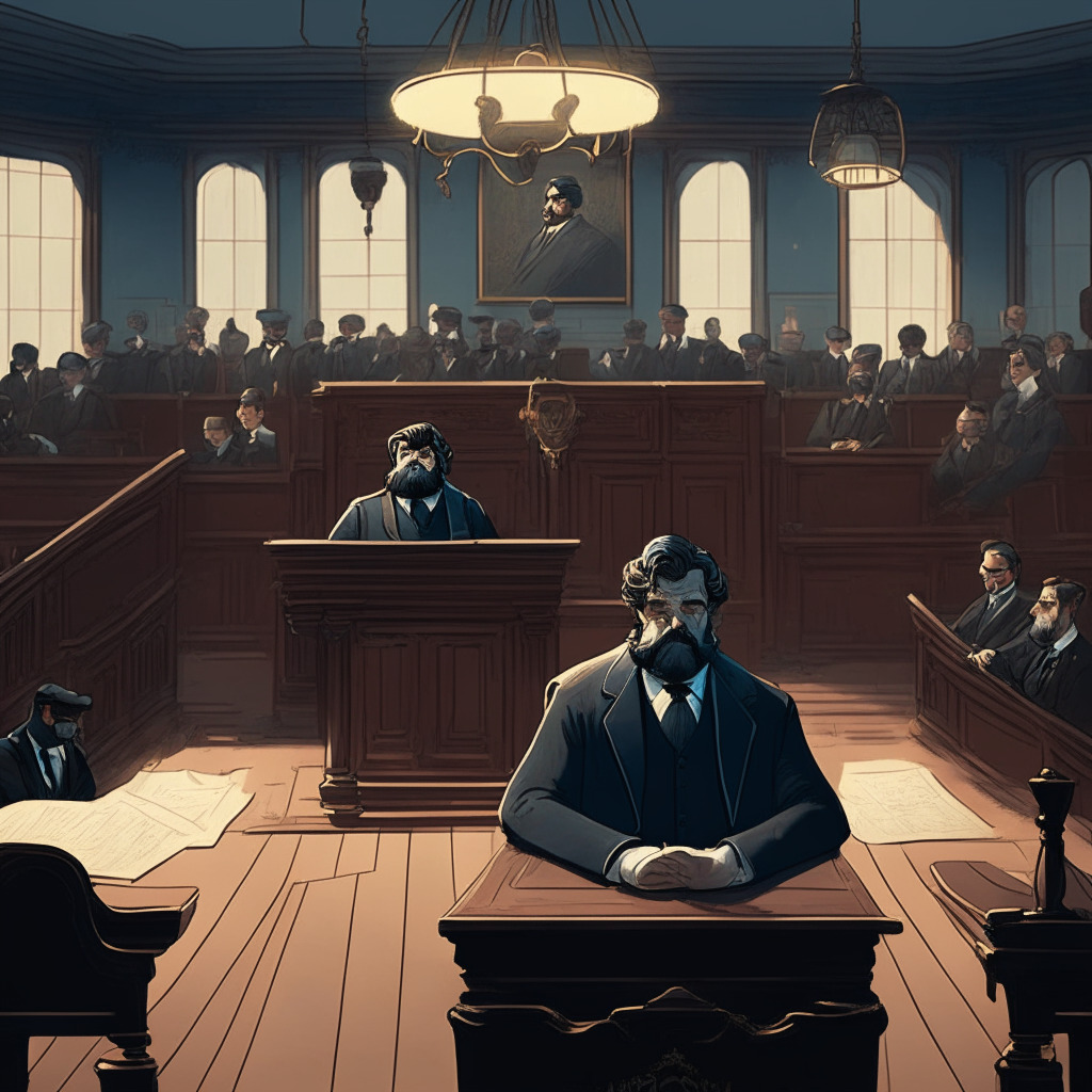 A Victorian-style courtroom bathed in soft twilight, with an ornate table representing the judgment in favor of XRP. On one side stands a confident Attorney figuratively radiating tranquility, embodying optimism amidst apprehension. Behind him, the vague shape of a multitude signifying 75,000 XRP holders. On the opposition, a stern emblematic SEC figure prepared for a possible appeal. A gilded scale teetering slightly, symbolizing the precarious regulatory status of XRP, lending a suspenseful mood to the scene. No visible brand or logos.