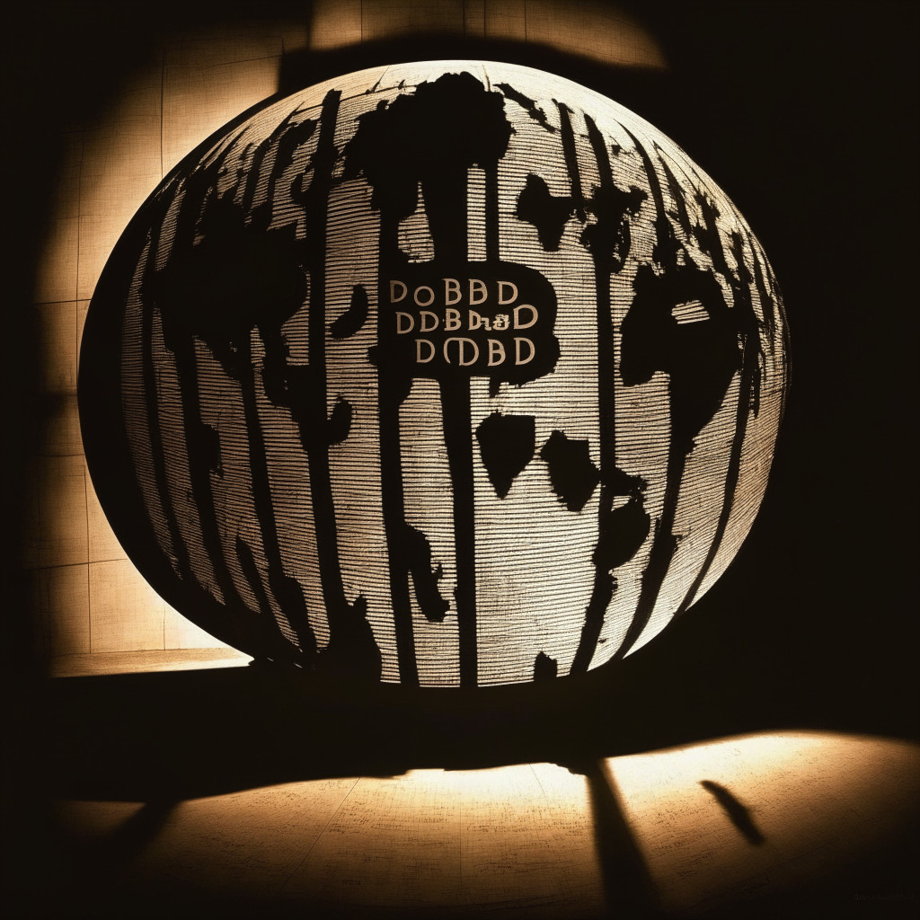 A globe shrouded in optimistic light but touching shadows, symbolizing the potential of Central Bank Digital Currencies (CBDC) and the existing doubt. Evocative cityscapes of emerging markets dynamically illuminated, precursor to CBDC advancement. Silhouette of an ornate, closed bank vault, the caution of current banks. A digital rupee symbol, indicative of India's CBDC engagement. Mood: Ambiguous hope.